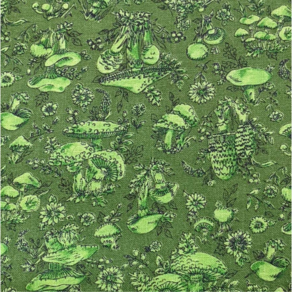 Vintage 1970's Mushroom Fabric Avocado Green Cottagecore Funky Calico Print 3yd - Picture 2 of 10